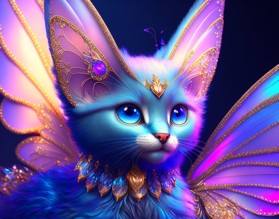 Majestic blue cat with butterfly wings and golden accessories