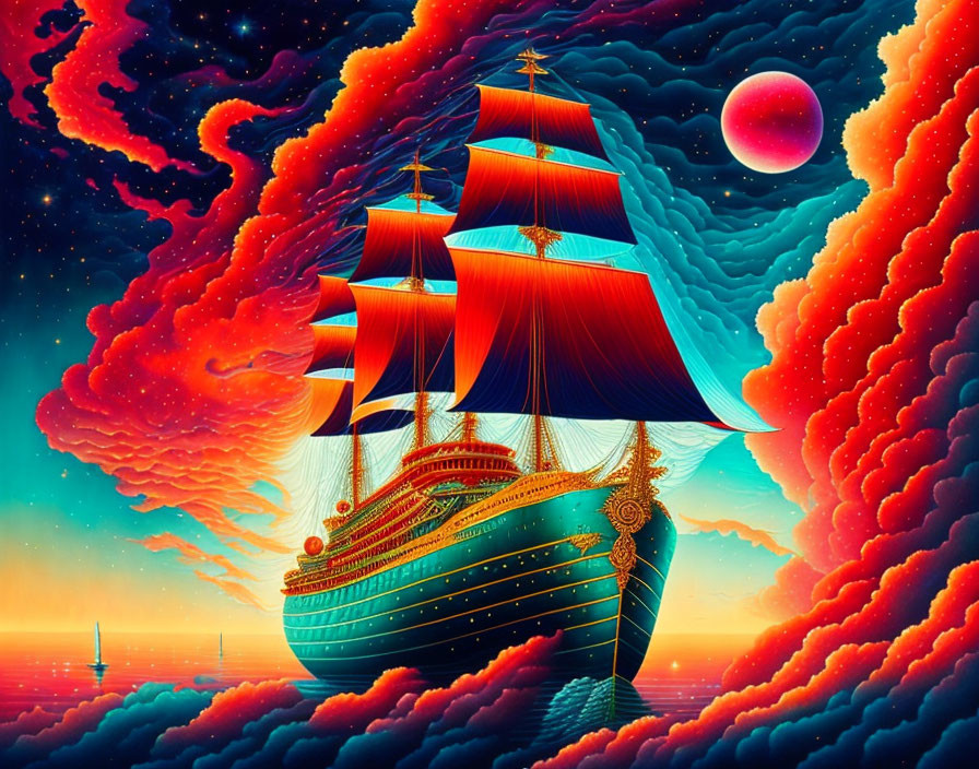 Surreal seascape with ornate sailing ship and fantastical sky