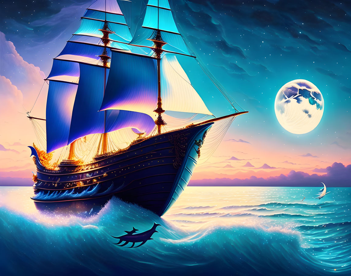 Colorful night seascape with grand sailing ship under full moon