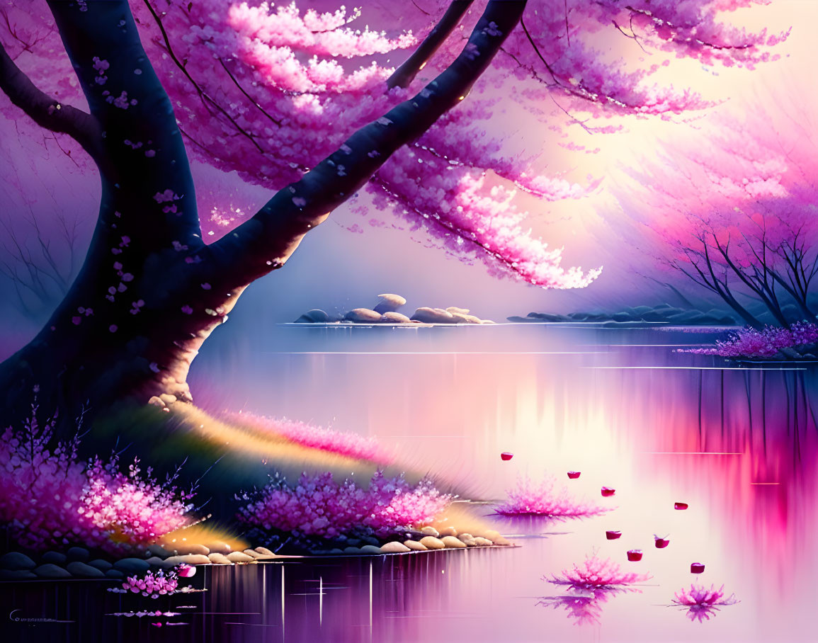 Serene lake digital artwork: pink tree, floating petals, sunset glow