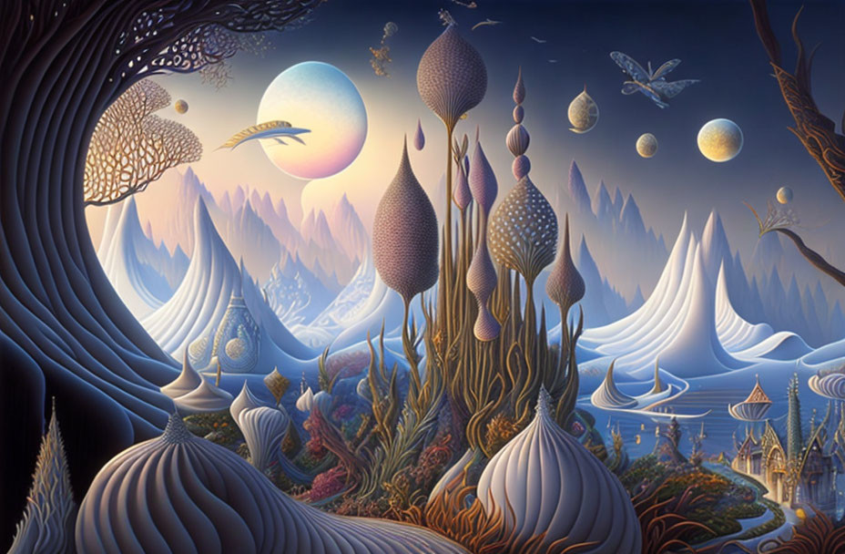 Surreal landscape with stylized vegetation, mountains, castles, and celestial bodies
