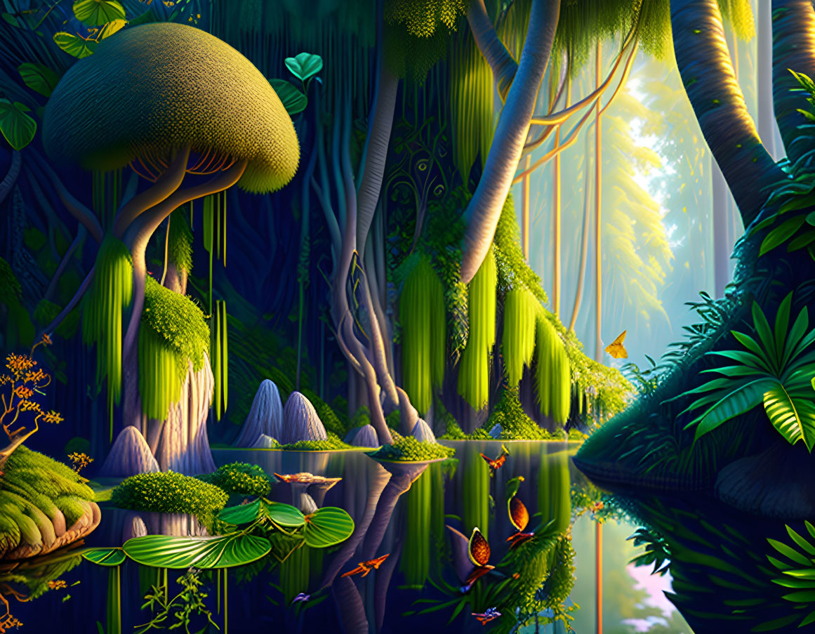 Fantastical forest with oversized mushroom-like trees and serene lake