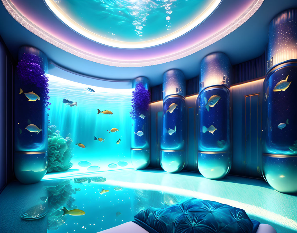 Glass-walled underwater room with fish, cylindrical aquariums, and vibrant lighting