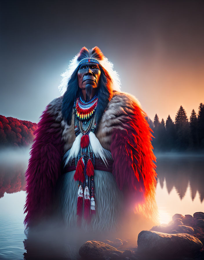 Native American headdress and fur at misty lake with trees at sunrise or sunset