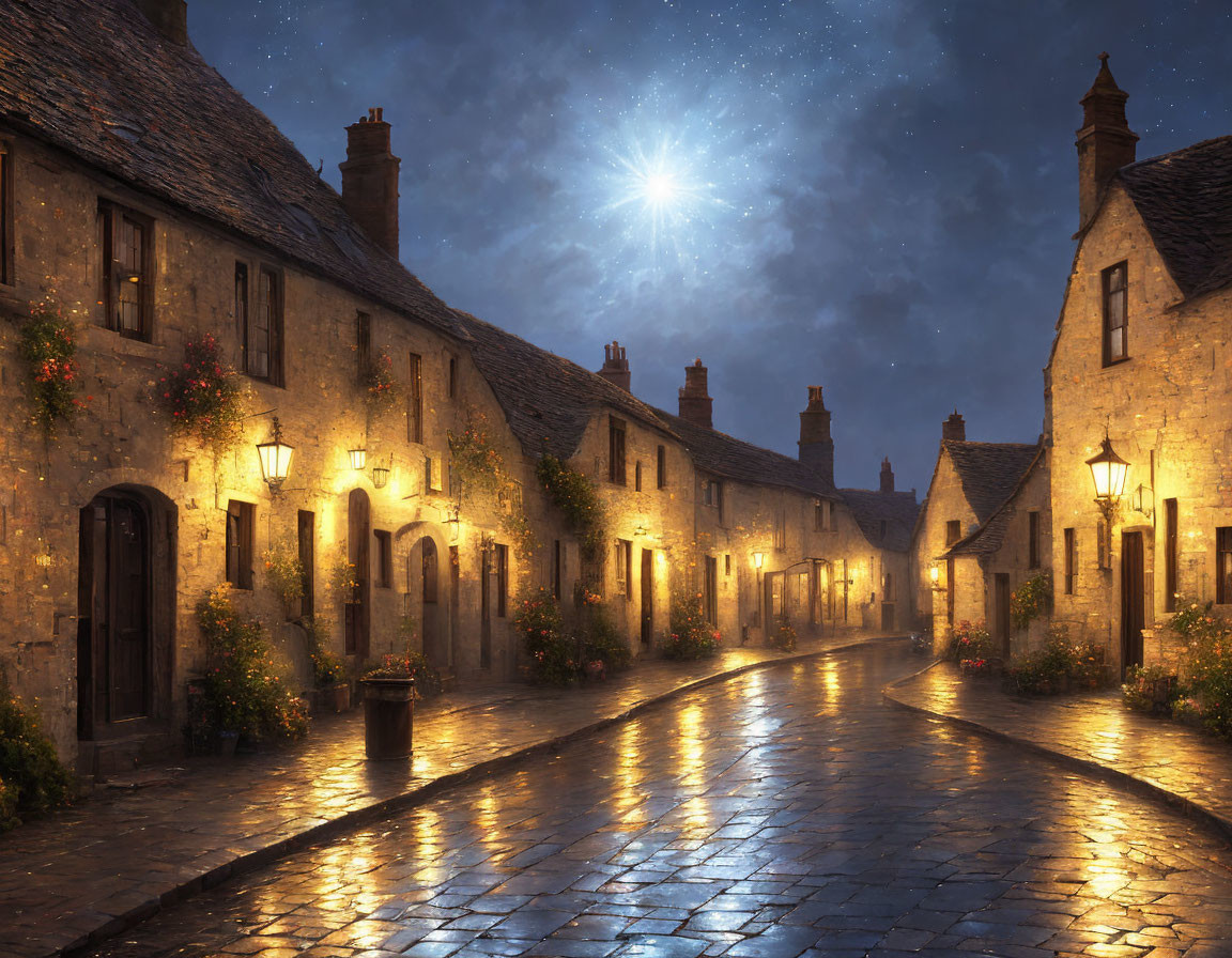 Quaint village cobblestone street at night with warm streetlights