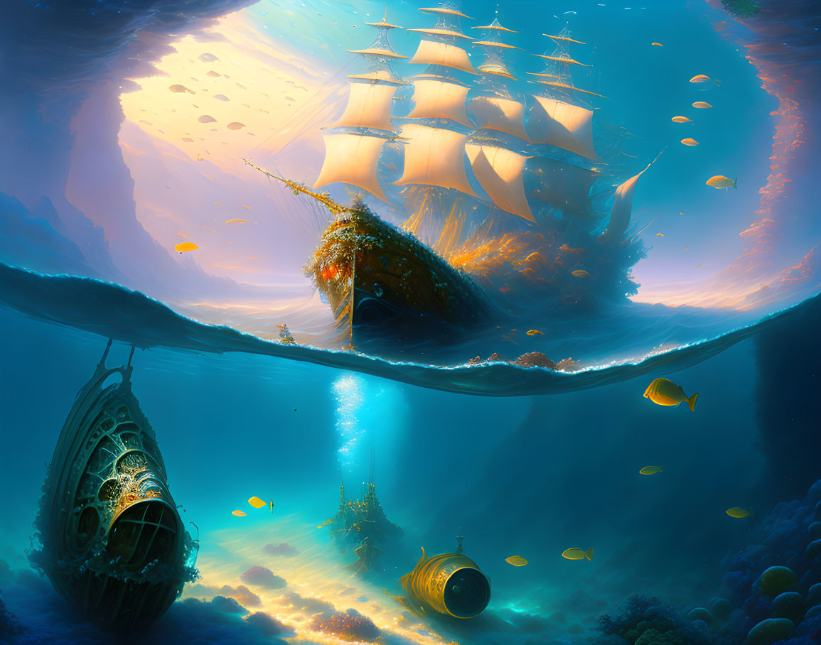Fantastical underwater and sailing ship scene with marine life