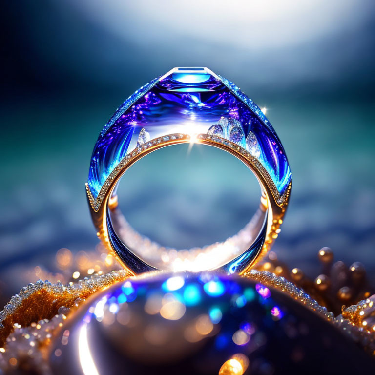 Blue Gemstone Ring on Reflective Gold Band with Bokeh Light Background