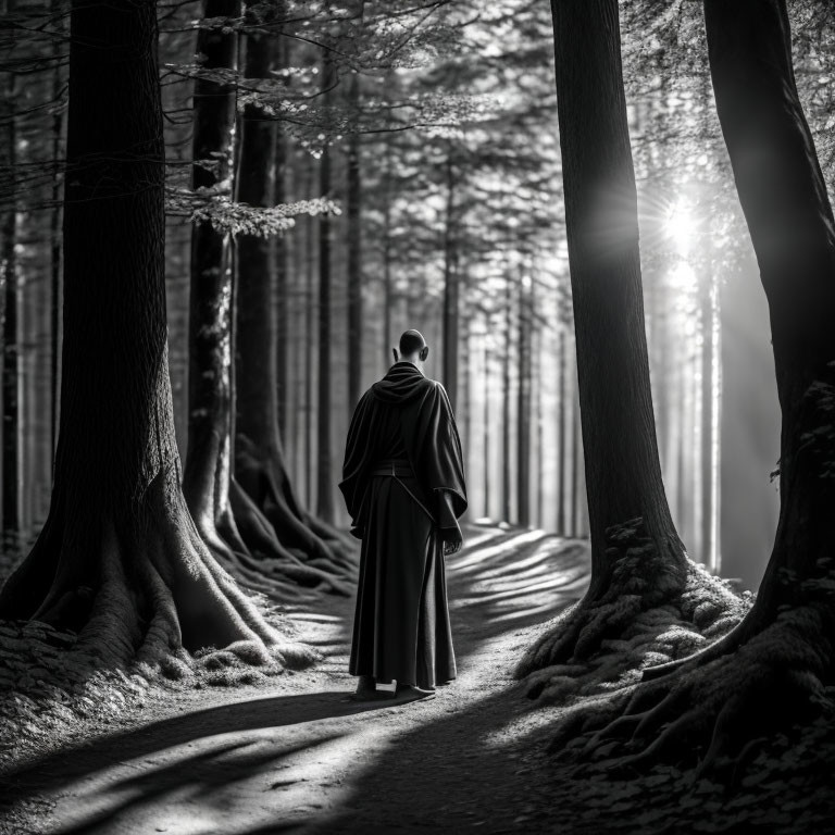 Solitary figure in robe walking through snowy forest