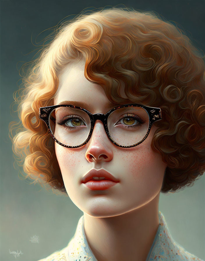 Person with Curly Hair, Freckles, and Ornate Glasses in Vintage Style Portrait