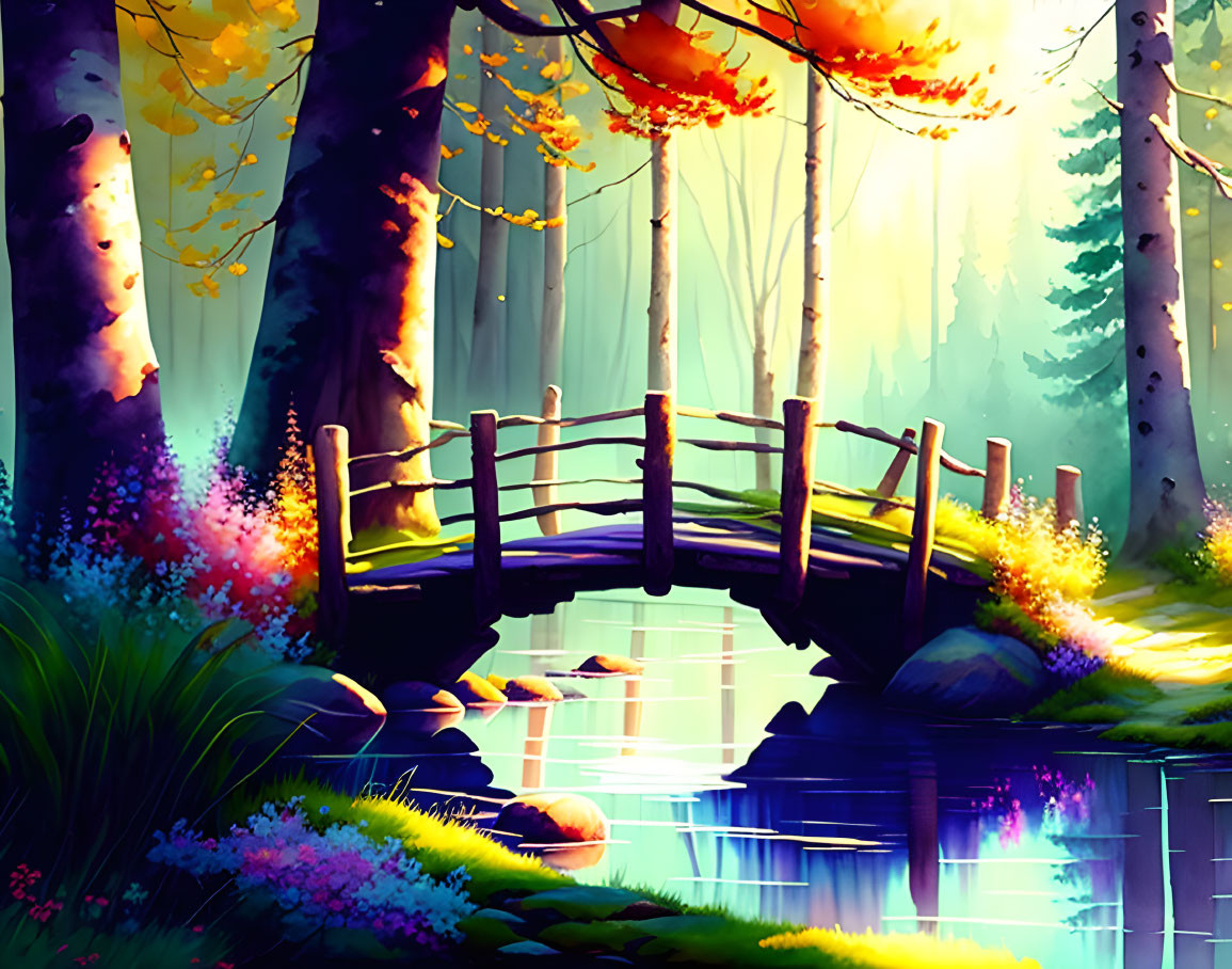Colorful forest illustration with wooden bridge over river