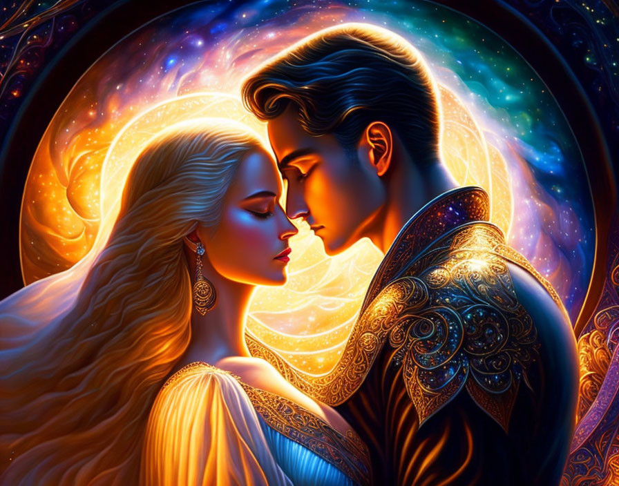 Illustration of man and woman in close embrace against cosmic backdrop