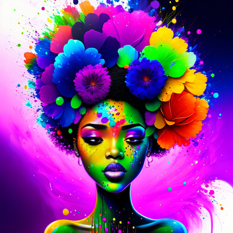 Colorful Floral Headpiece Woman Artwork on Dark Background