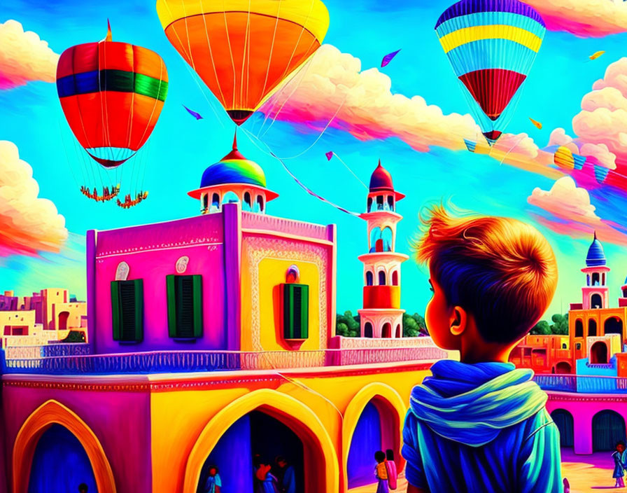 Boy admires colorful hot air balloons over vibrant cityscape and blue sky.