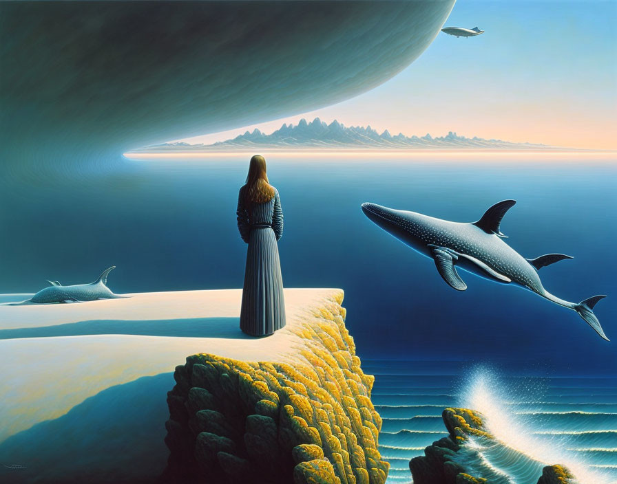 Surreal landscape with woman on cliff, floating whales, and large planet