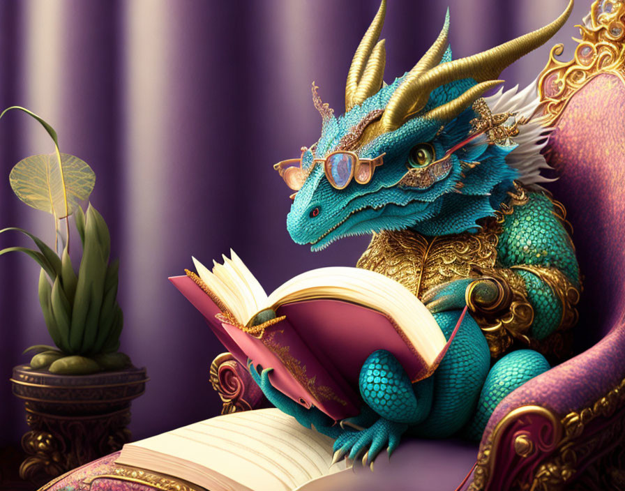 Colorful Dragon Reading Book on Ornate Chair Against Purple Curtain