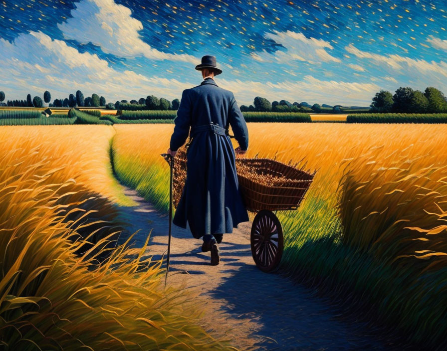 Person pushing cart through wheat fields under starry sky in dreamlike scene