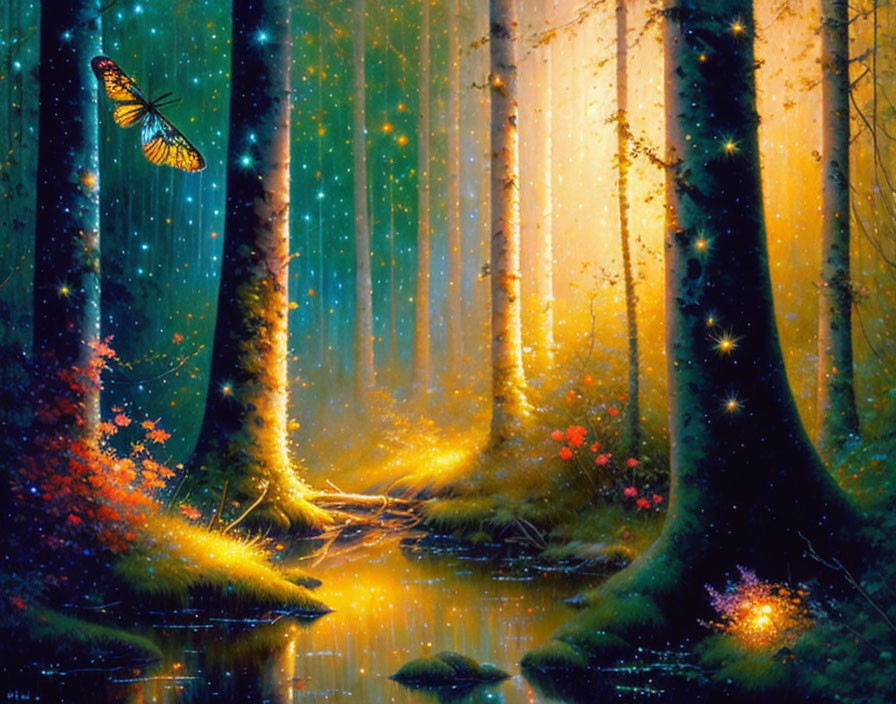 Enchanted forest with glowing lights, colorful butterfly, and serene path