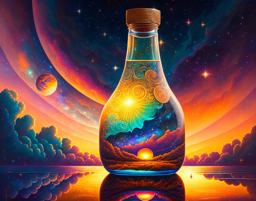 Colorful Cosmic Scene in Glass Bottle Reflecting on Water