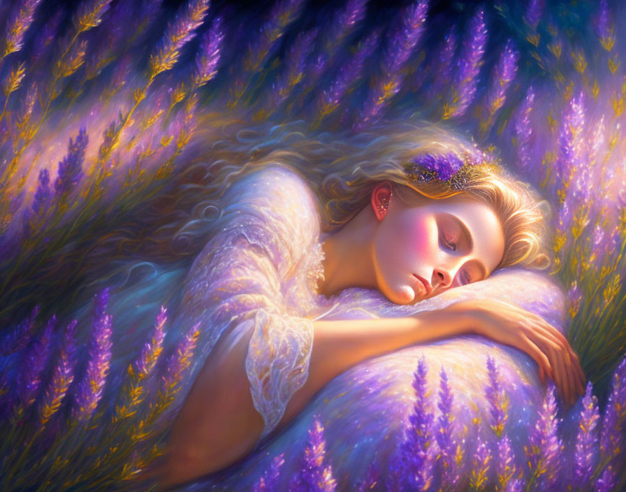 Blond woman sleeping in lavender field with soft light