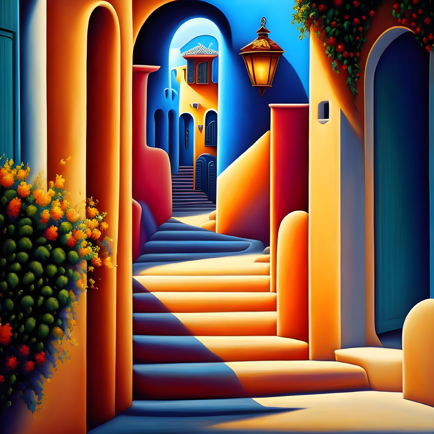 Colorful Mediterranean Alleyway with Blue and Orange Walls, Archways, Staircases, Lantern,