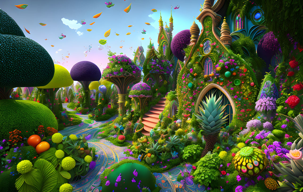 Colorful Fantasy Landscape with Mushroom Trees & Magical Structures