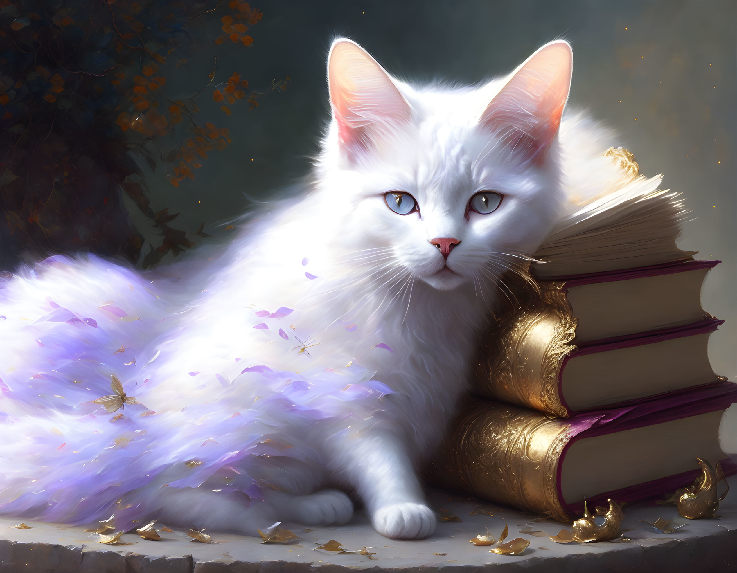 Fluffy White Cat with Blue Eyes Resting by Stack of Gold-Bound Books