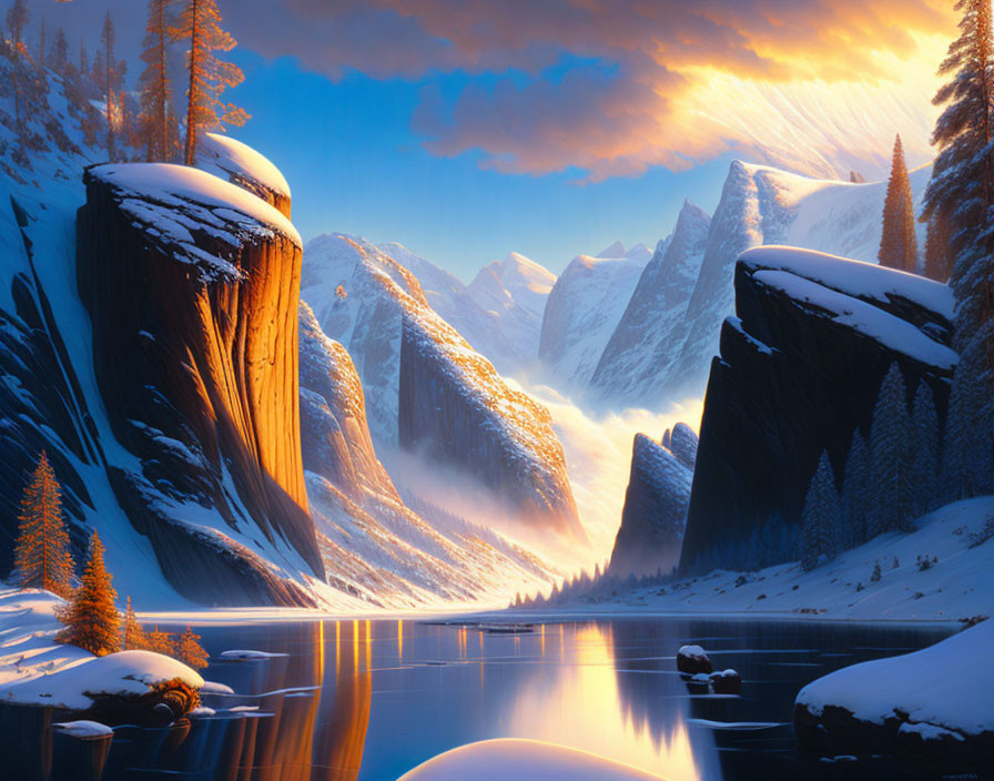 Mountain lake sunset with cliffs, snowy peaks, and pine trees reflecting golden hues