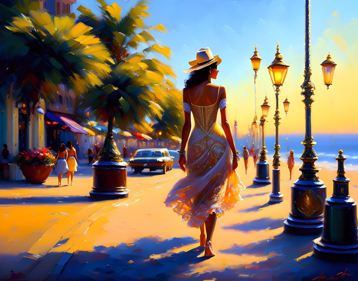 Woman in summer dress and hat strolls down sunlit street with palm trees and lampposts