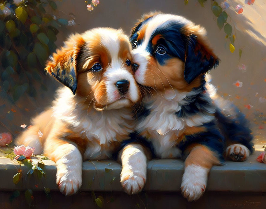 Two fluffy puppies nuzzling on soft-focus floral background