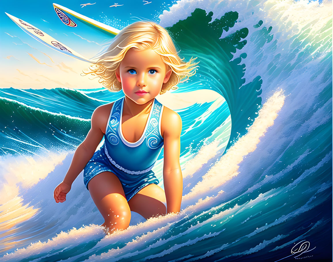 Blonde girl in blue swimsuit surfing vibrant wave