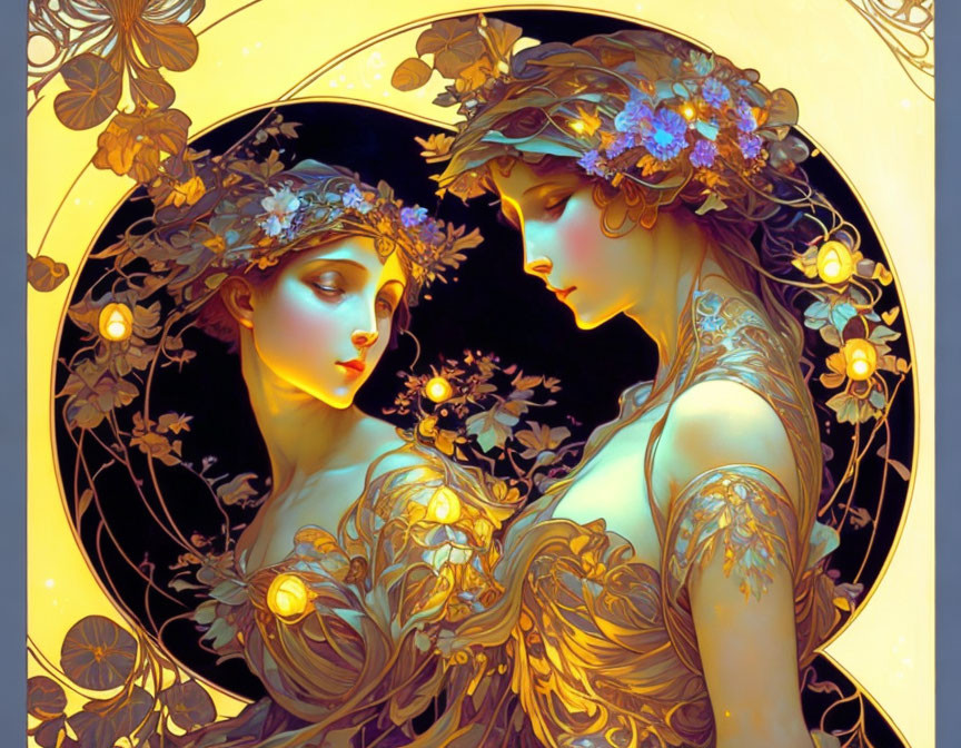 Art Nouveau Style Illustration of Ethereal Women in Golden Attire