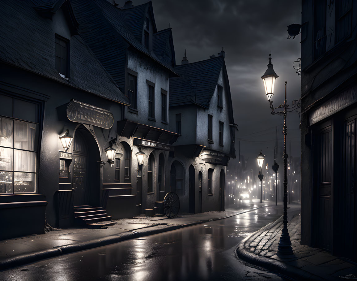 Night scene: cobblestone street, old buildings, tavern sign, streetlamps, sparkling lights