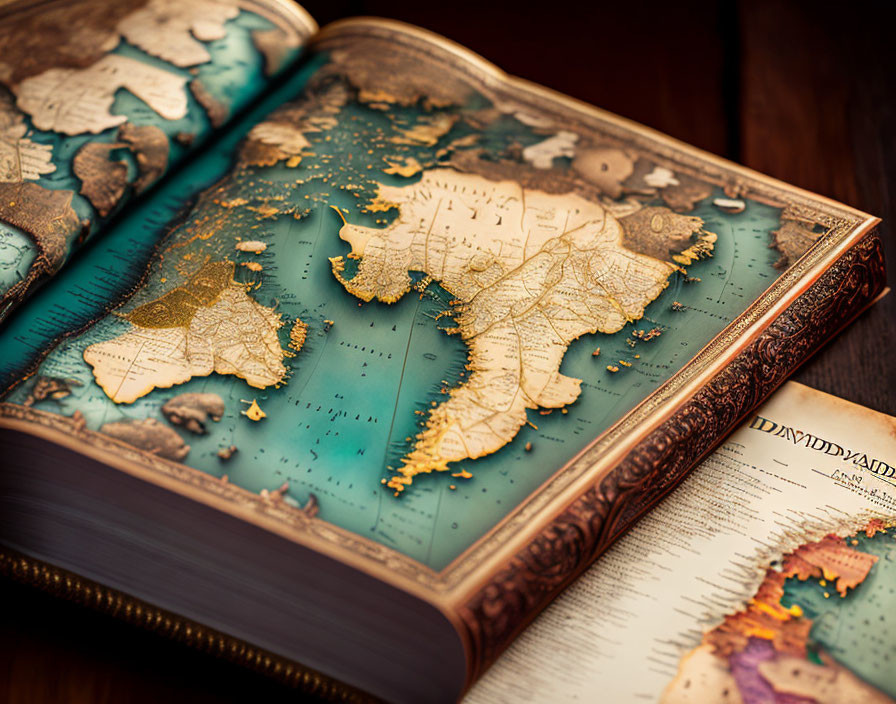 Detailed 3D world map on ornate open book