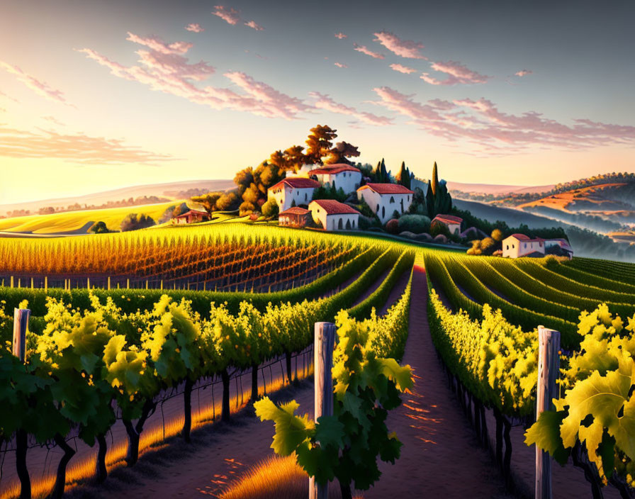 Picturesque Vineyard Sunset with Grapevines and Farmhouses