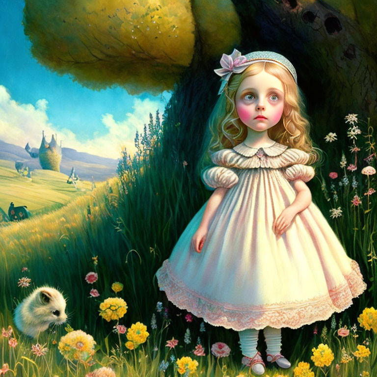 Young girl in white dress in meadow with castle and skunk.
