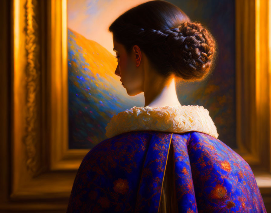 Vintage blue dress woman admiring framed painting in warm light