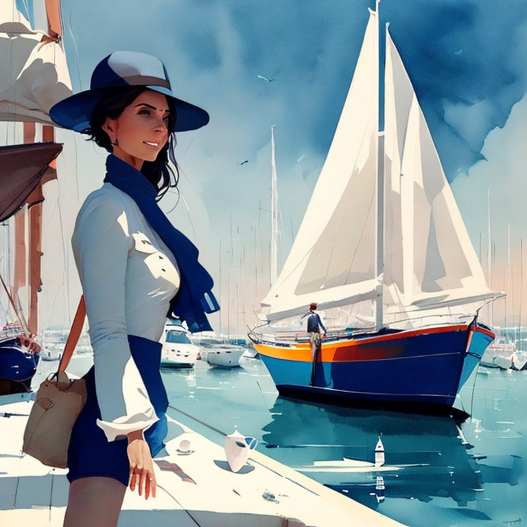 Fashionable woman in blue dress and hat at sunny marina with sailboats