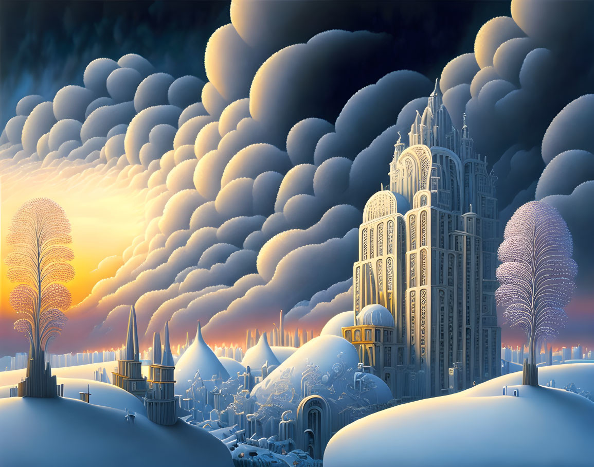 Snowy Dusk Landscape with Art Deco Tower and Sunset Glow