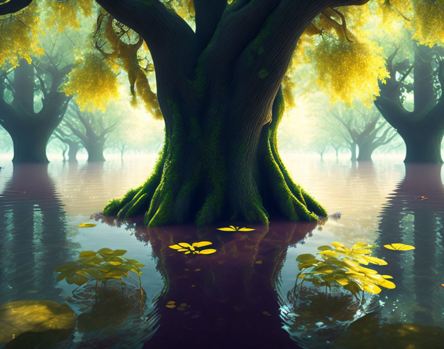 Enchanting forest scene: mossy trees, yellow foliage, flooded floor with lily pads