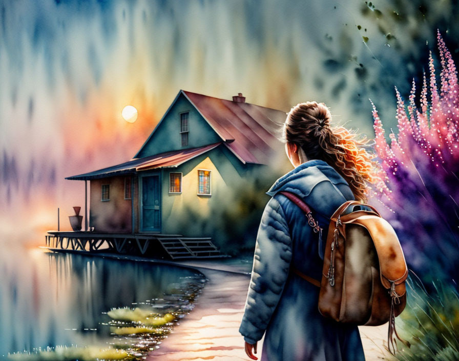 Backpacker gazing at lakeside house in sunset scenery