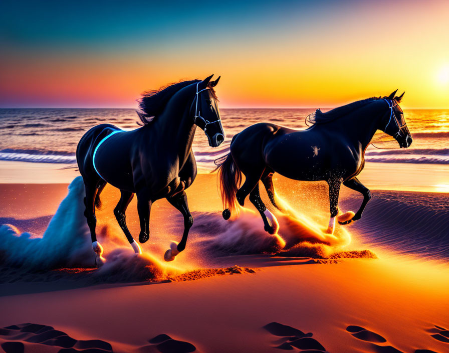 Majestic horses galloping on sandy beach at sunset