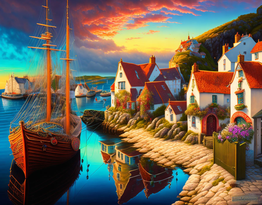 Harbor sunset scene with Viking longship, cobblestone pathways, houses, and colorful sky.