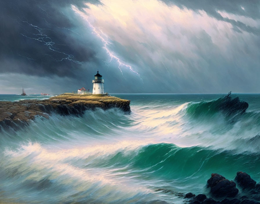 Stormy Sky and Rocky Lighthouse on Promontory with Lightning and Sea Waves