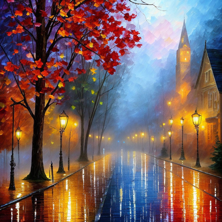 Vibrant painting of wet street with glowing lampposts and illuminated tower