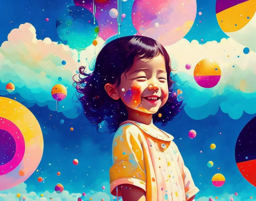Young girl smiling surrounded by colorful bubbles under playful sky