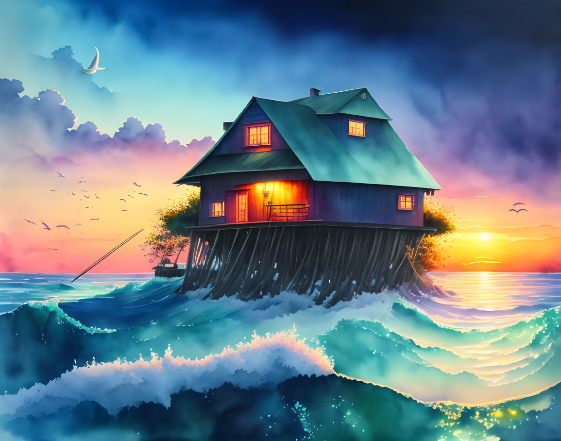 Stilted house above ocean waves at sunset with crescent moon