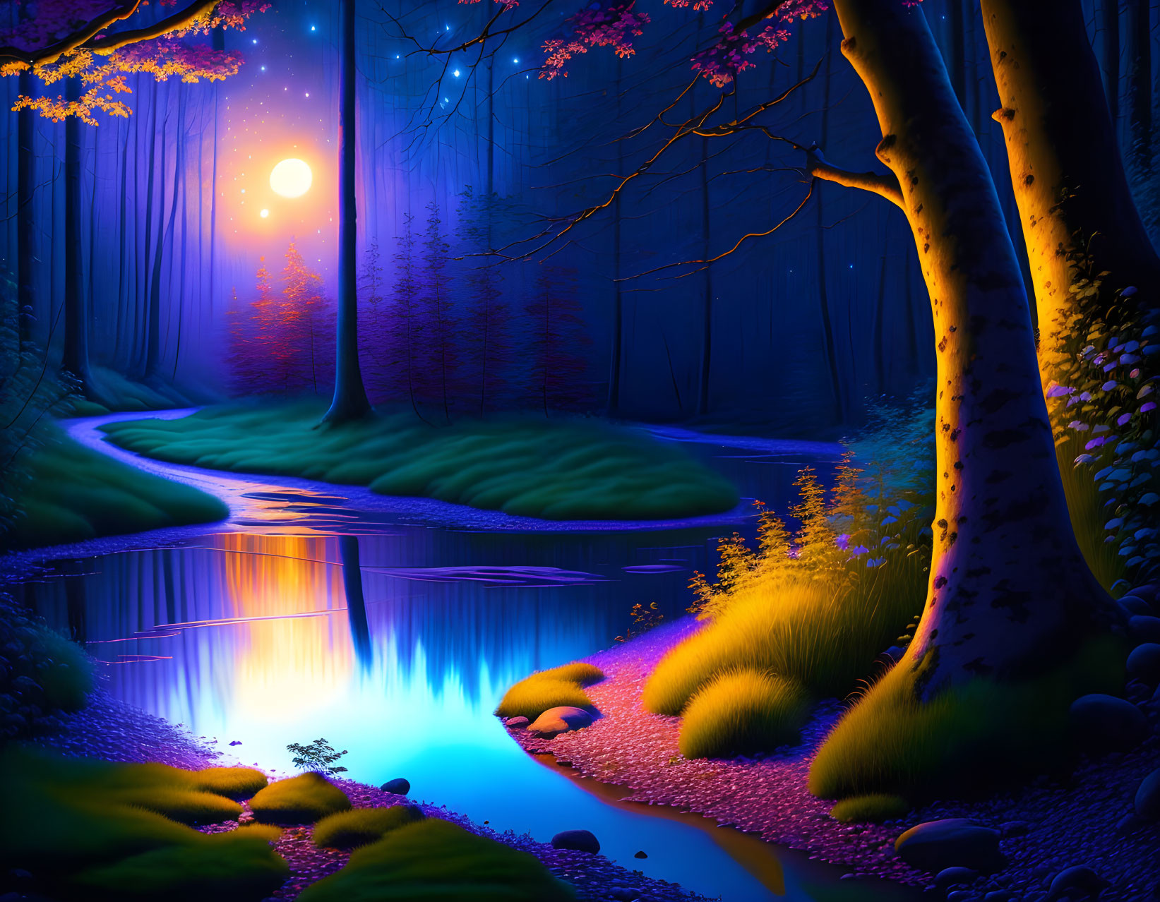 Digital Artwork: Mystical Forest Night Scene with Glowing Trees