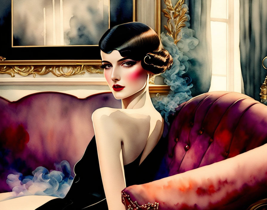 Illustration of woman in 1920s flapper style on purple couch with smoke.