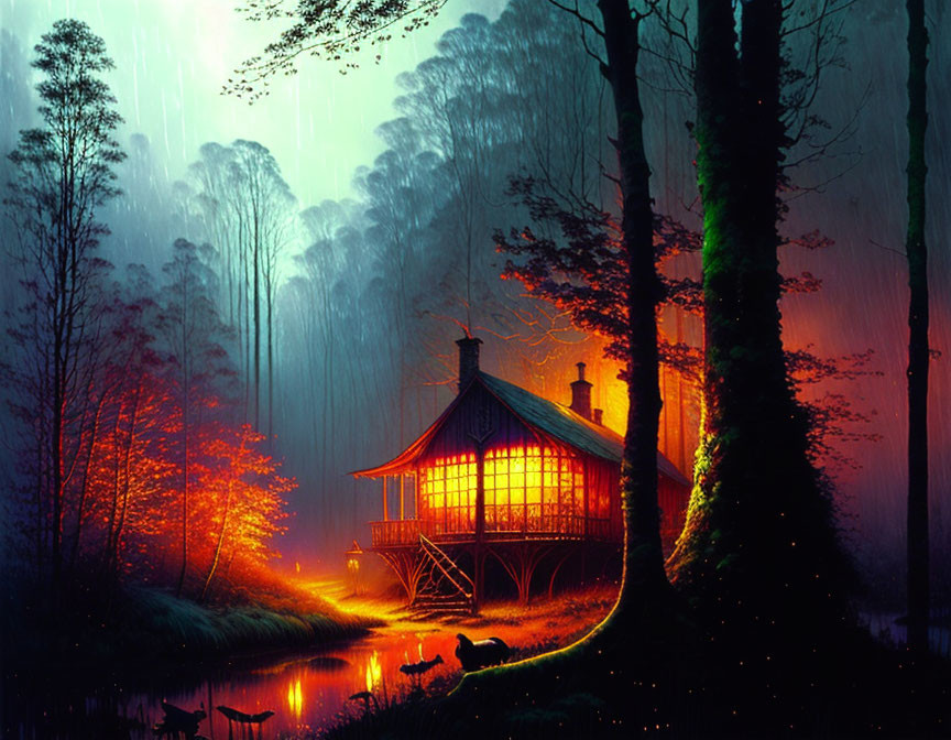 Illuminated cabin in mystical forest at night with rain and glowing orange light