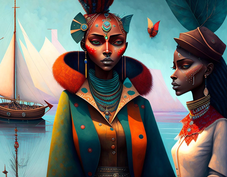 Stylized African women in traditional attire by calm waterscape